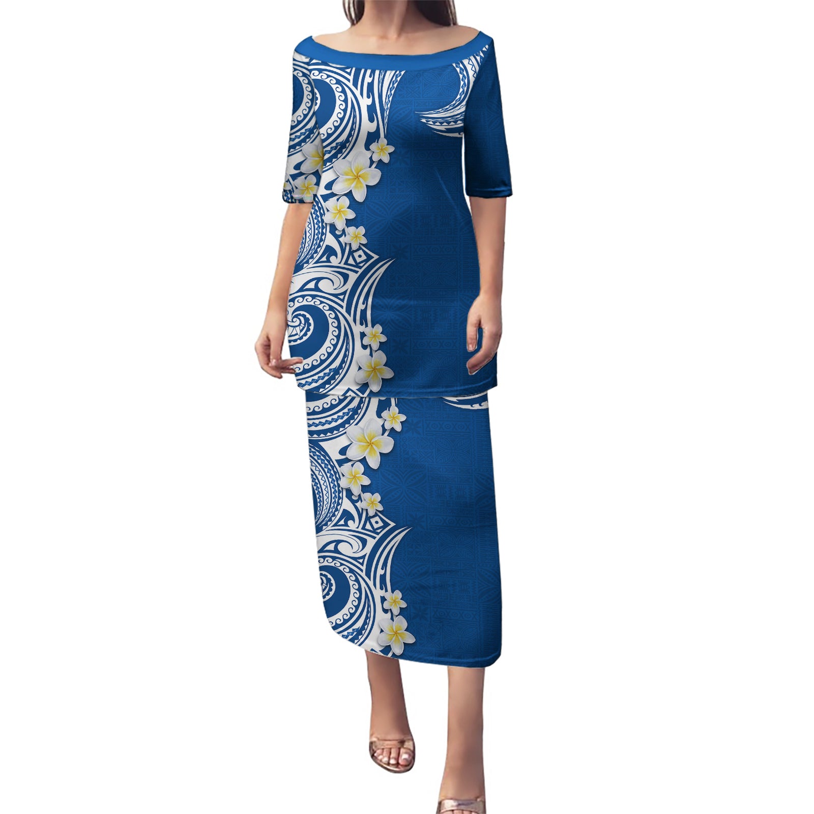 Aloha Polynesian Plumeria Flower Puletasi Blue Color LT03 Long Dress Blue - Polynesian Pride
