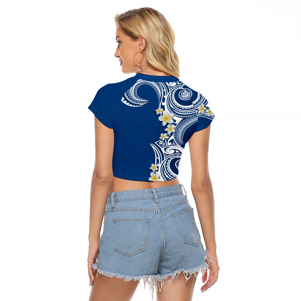 Aloha Polynesian Plumeria Flower Raglan Cropped T Shirt Blue Color