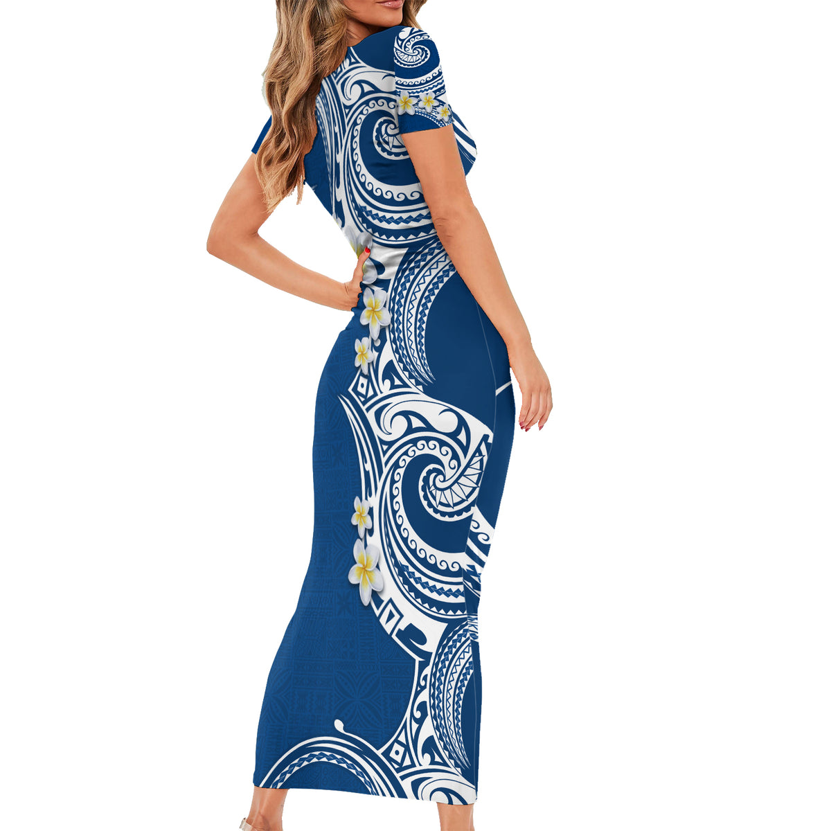 Aloha Polynesian Plumeria Flower Short Sleeve Bodycon Dress Blue Color