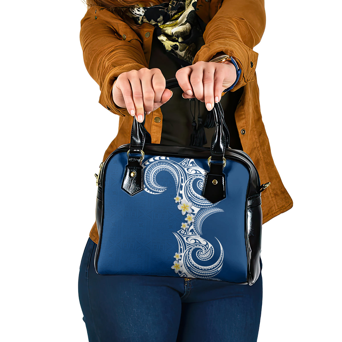 Aloha Polynesian Plumeria Flower Shoulder Handbag Blue Color