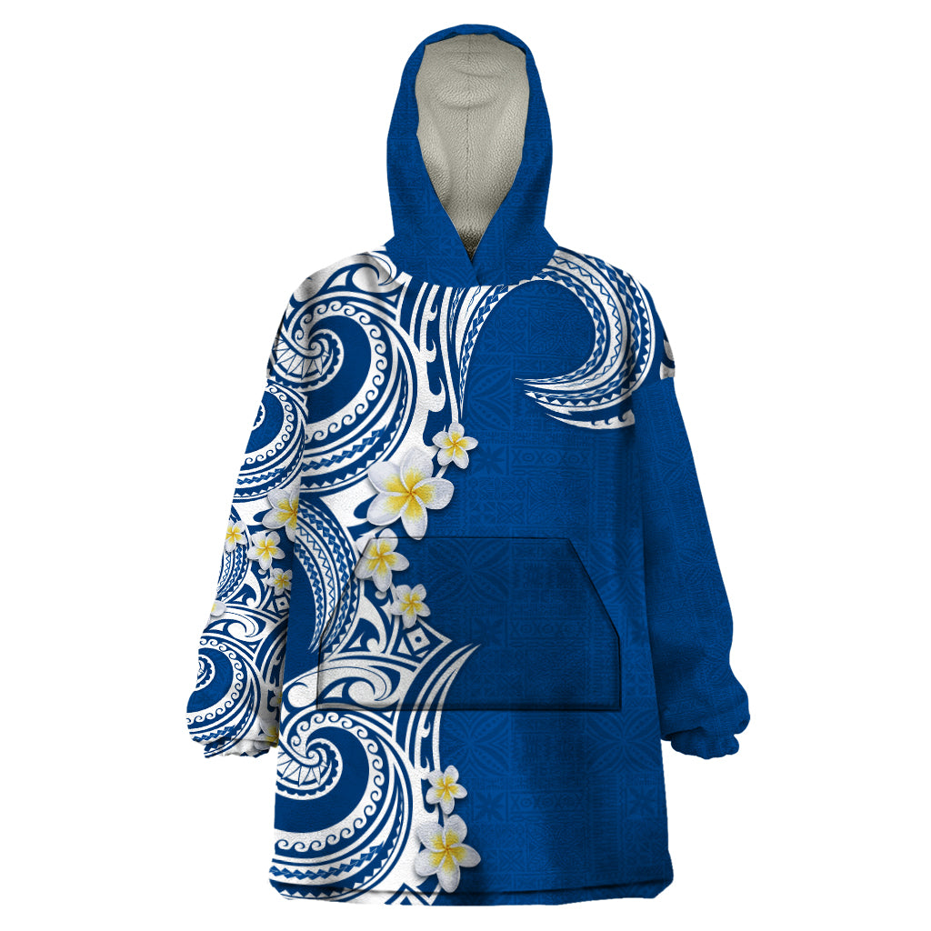 Aloha Polynesian Plumeria Flower Wearable Blanket Hoodie Blue Color