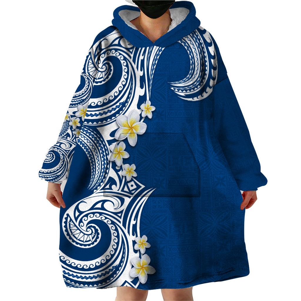 Aloha Polynesian Plumeria Flower Wearable Blanket Hoodie Blue Color LT03 - Polynesian Pride