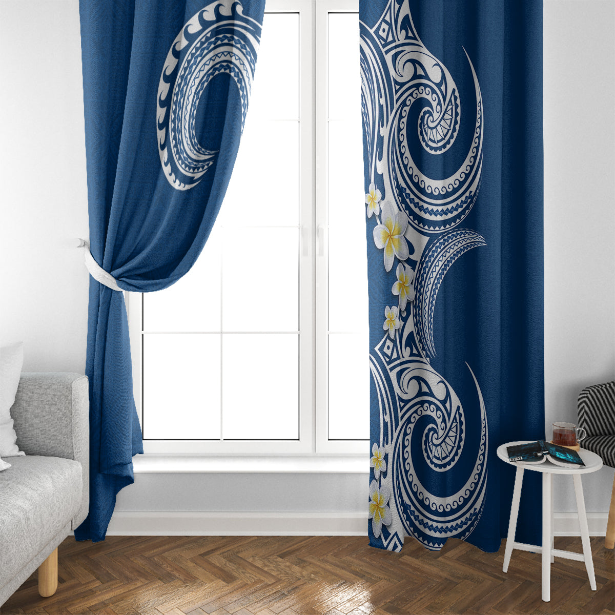 Aloha Polynesian Plumeria Flower Window Curtain Blue Color LT03 - Polynesian Pride
