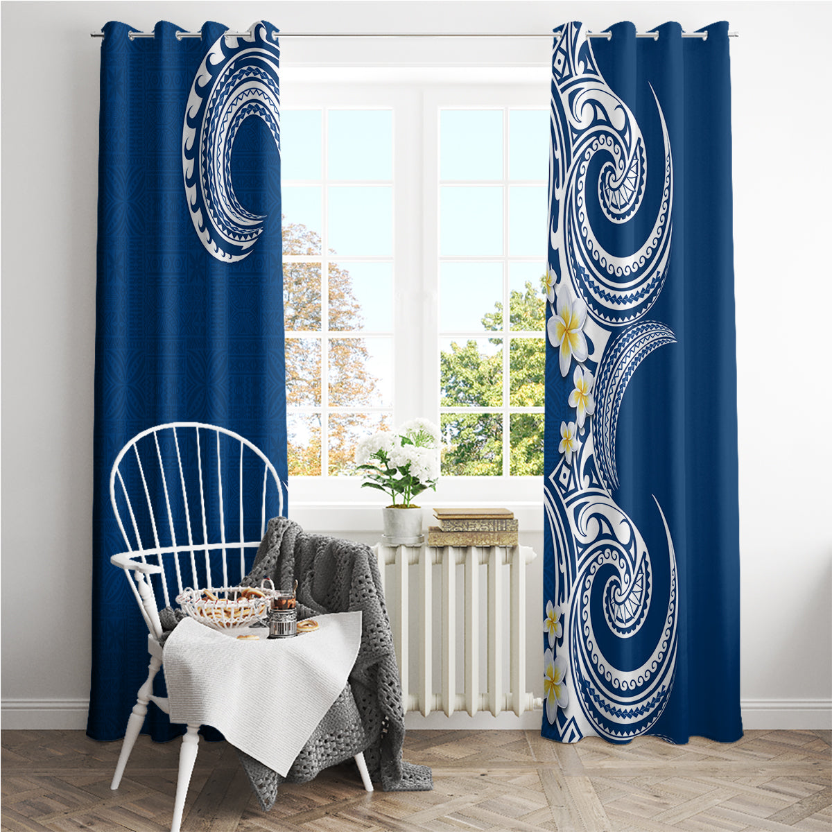 Aloha Polynesian Plumeria Flower Window Curtain Blue Color LT03 - Polynesian Pride
