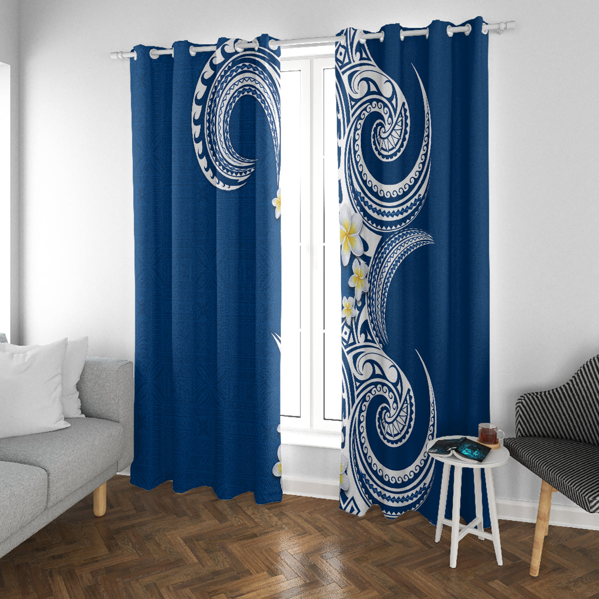 Aloha Polynesian Plumeria Flower Window Curtain Blue Color LT03 With Grommets Blue - Polynesian Pride