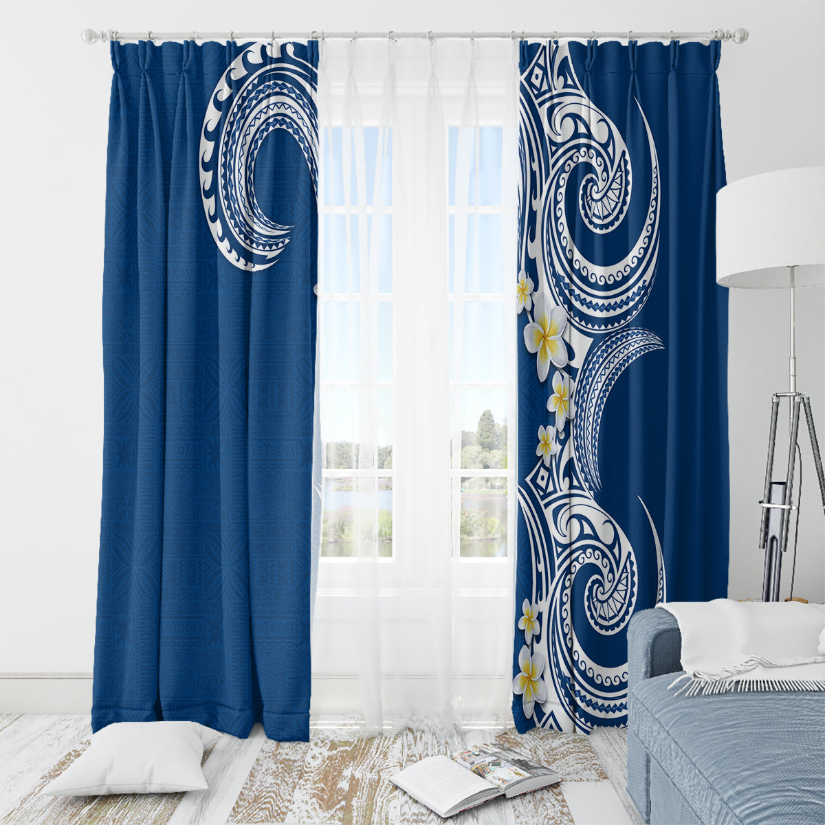 Aloha Polynesian Plumeria Flower Window Curtain Blue Color LT03 - Polynesian Pride