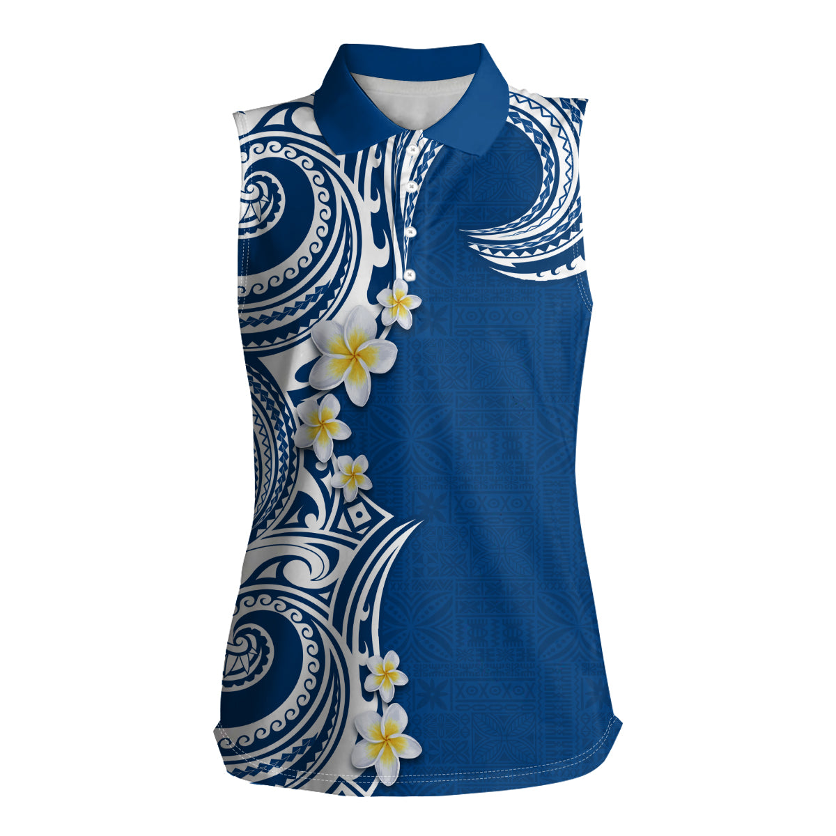 Aloha Polynesian Plumeria Flower Women Sleeveless Polo Shirt Blue Color