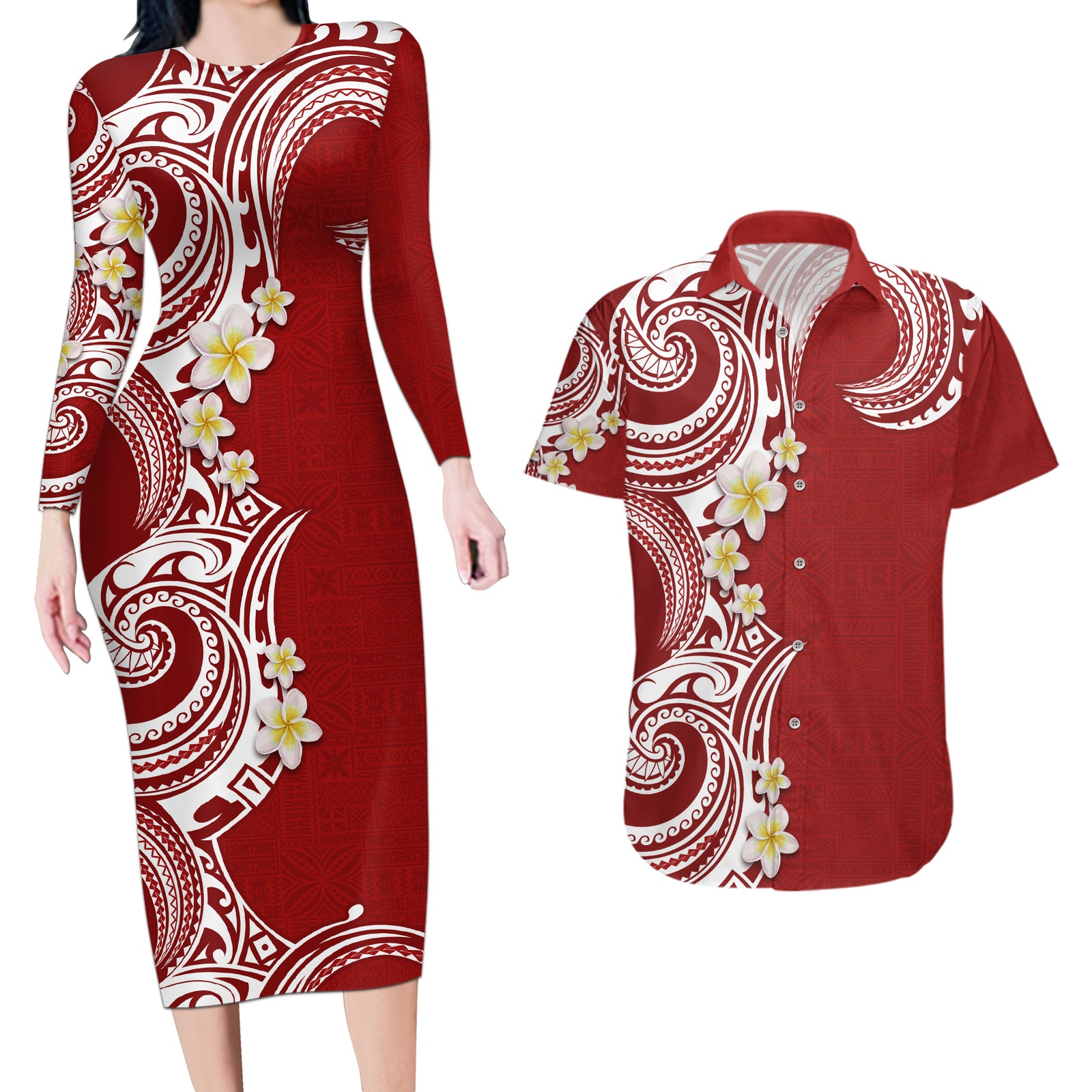 Aloha Polynesian Plumeria Flower Couples Matching Long Sleeve Bodycon Dress and Hawaiian Shirt Red Color LT03 Red - Polynesian Pride