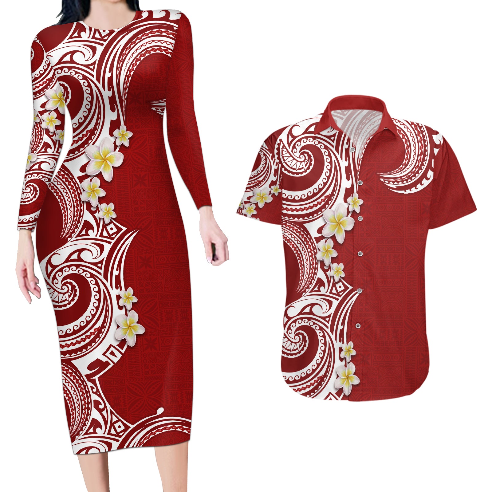 Aloha Polynesian Plumeria Flower Couples Matching Long Sleeve Bodycon Dress and Hawaiian Shirt Red Color