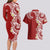 Aloha Polynesian Plumeria Flower Couples Matching Long Sleeve Bodycon Dress and Hawaiian Shirt Red Color