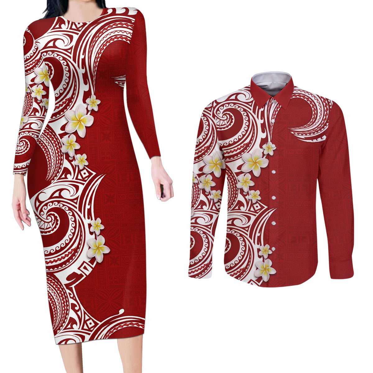 Aloha Polynesian Plumeria Flower Couples Matching Long Sleeve Bodycon Dress and Long Sleeve Button Shirt Red Color LT03 Red - Polynesian Pride