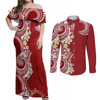 Aloha Polynesian Plumeria Flower Couples Matching Off Shoulder Maxi Dress and Long Sleeve Button Shirt Red Color LT03 Red - Polynesian Pride