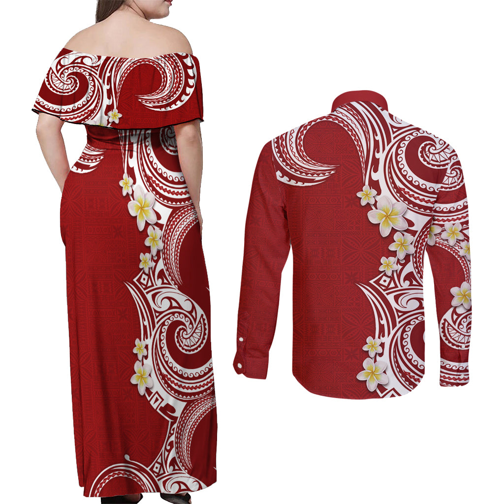 Aloha Polynesian Plumeria Flower Couples Matching Off Shoulder Maxi Dress and Long Sleeve Button Shirt Red Color LT03 - Polynesian Pride