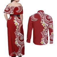 Aloha Polynesian Plumeria Flower Couples Matching Off Shoulder Maxi Dress and Long Sleeve Button Shirt Red Color LT03 - Polynesian Pride