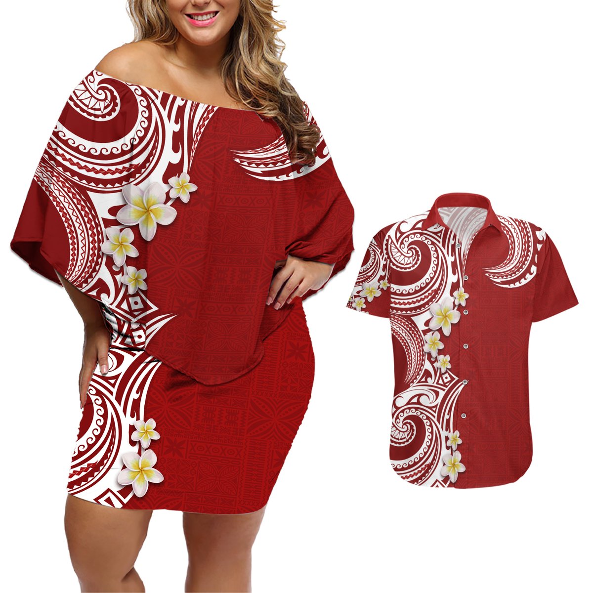 Aloha Polynesian Plumeria Flower Couples Matching Off Shoulder Short Dress and Hawaiian Shirt Red Color LT03 Red - Polynesian Pride