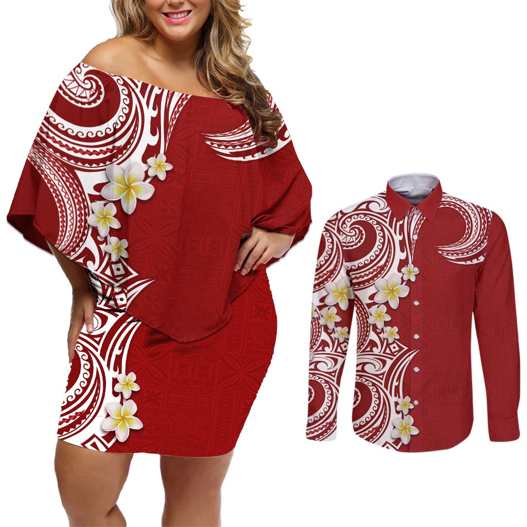 Aloha Polynesian Plumeria Flower Couples Matching Off Shoulder Short Dress and Long Sleeve Button Shirt Red Color LT03 Red - Polynesian Pride