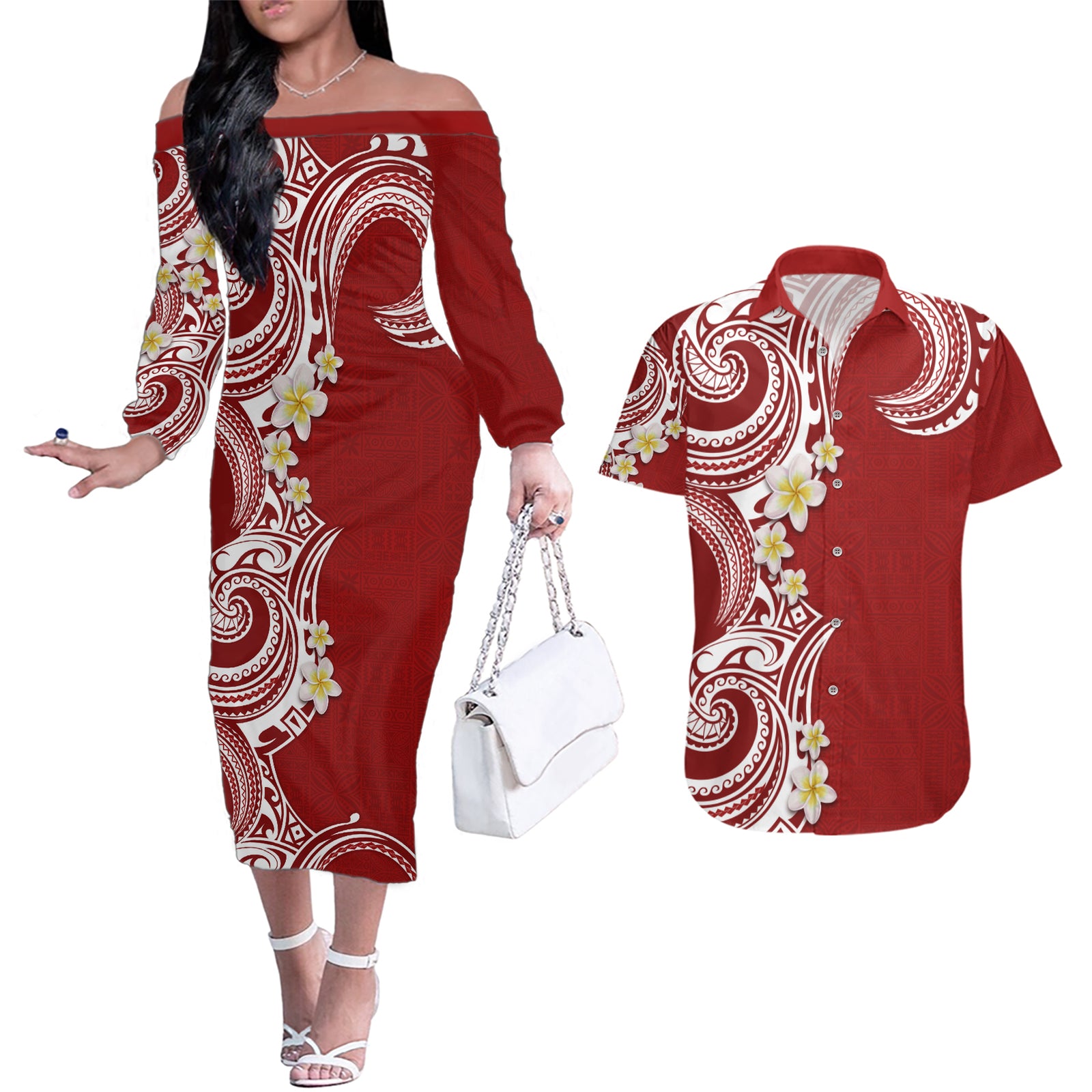Aloha Polynesian Plumeria Flower Couples Matching Off The Shoulder Long Sleeve Dress and Hawaiian Shirt Red Color LT03 Red - Polynesian Pride