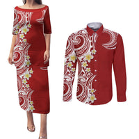 Aloha Polynesian Plumeria Flower Couples Matching Puletasi and Long Sleeve Button Shirt Red Color LT03 Red - Polynesian Pride