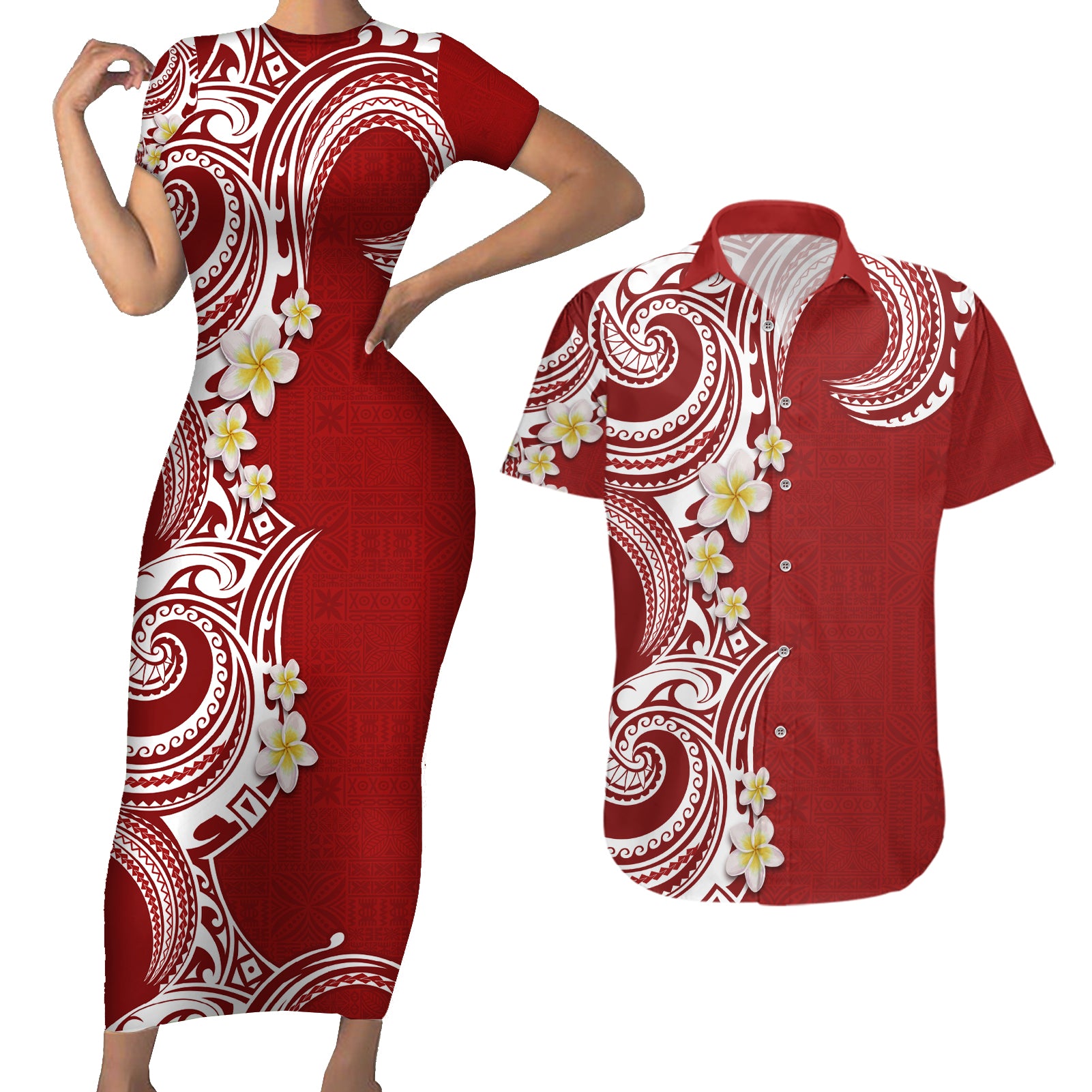 Aloha Polynesian Plumeria Flower Couples Matching Short Sleeve Bodycon Dress and Hawaiian Shirt Red Color