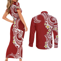 Aloha Polynesian Plumeria Flower Couples Matching Short Sleeve Bodycon Dress and Long Sleeve Button Shirt Red Color LT03 - Polynesian Pride