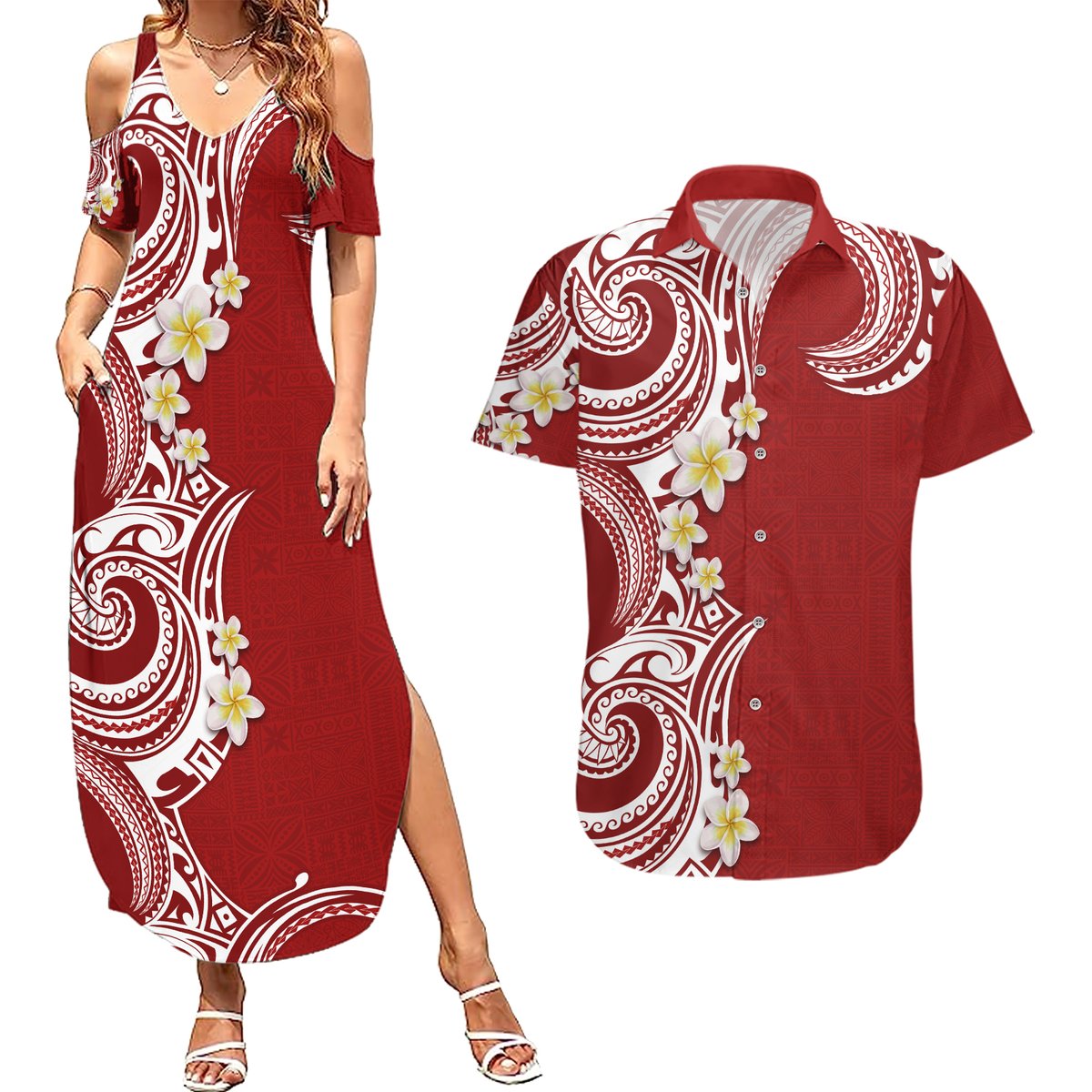 Aloha Polynesian Plumeria Flower Couples Matching Summer Maxi Dress and Hawaiian Shirt Red Color LT03 Red - Polynesian Pride