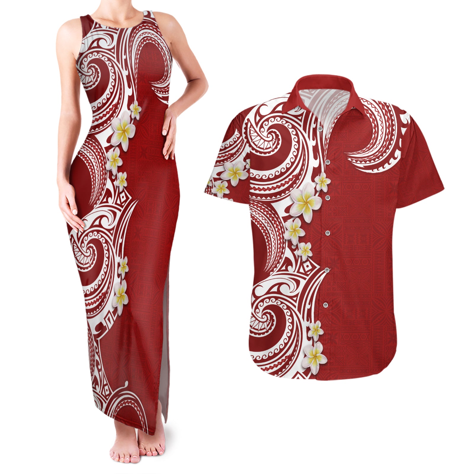 Aloha Polynesian Plumeria Flower Couples Matching Tank Maxi Dress and Hawaiian Shirt Red Color LT03 Red - Polynesian Pride