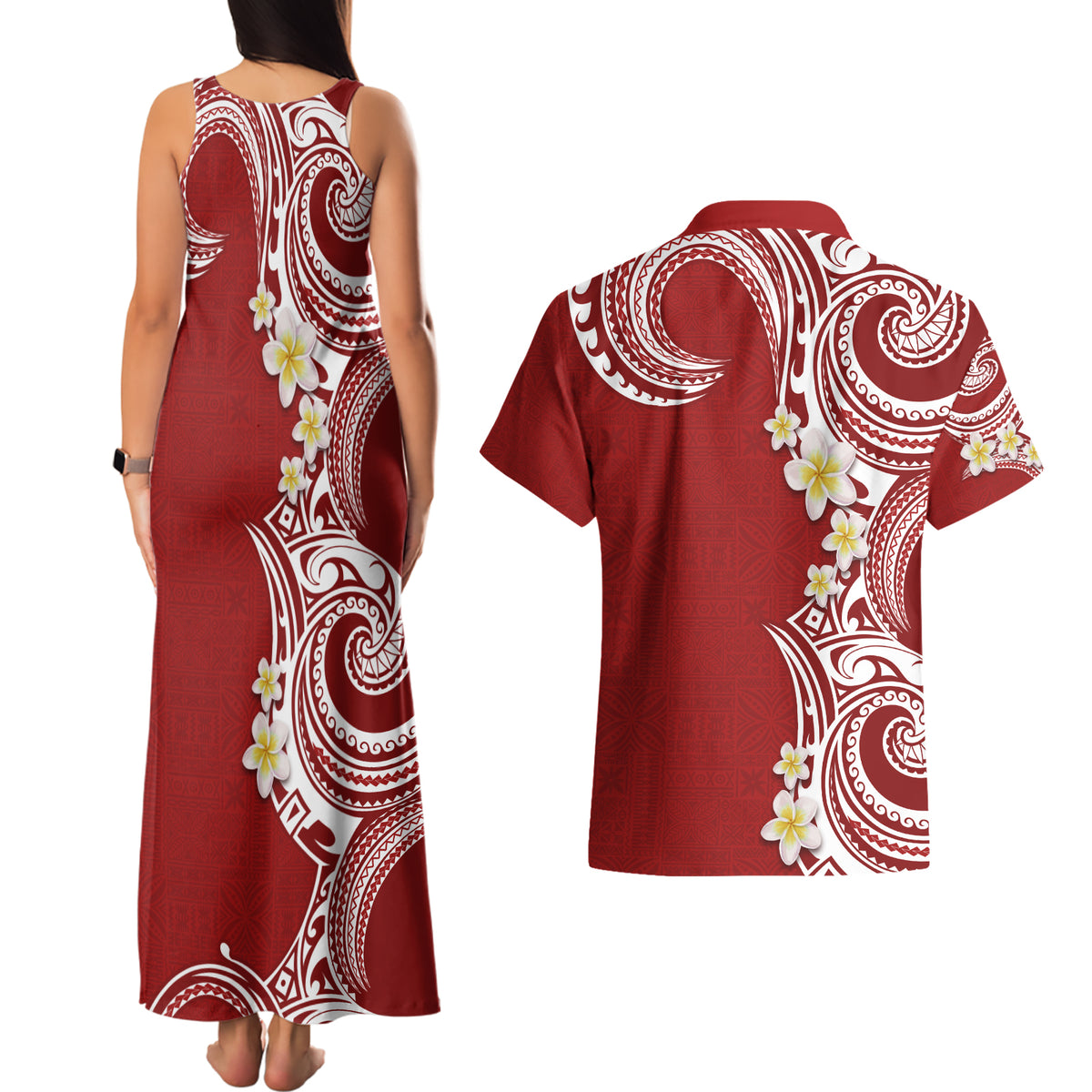 Aloha Polynesian Plumeria Flower Couples Matching Tank Maxi Dress and Hawaiian Shirt Red Color LT03 - Polynesian Pride