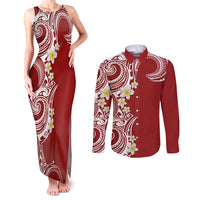 Aloha Polynesian Plumeria Flower Couples Matching Tank Maxi Dress and Long Sleeve Button Shirt Red Color LT03 Red - Polynesian Pride