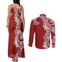 Aloha Polynesian Plumeria Flower Couples Matching Tank Maxi Dress and Long Sleeve Button Shirt Red Color LT03 - Polynesian Pride