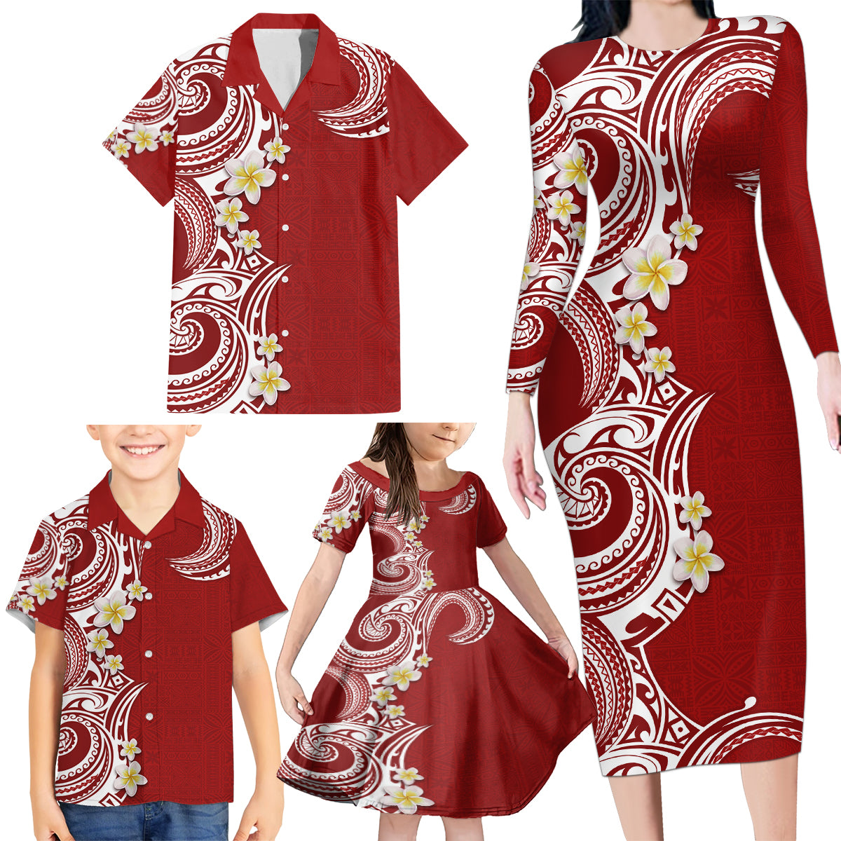 Aloha Polynesian Plumeria Flower Family Matching Long Sleeve Bodycon Dress and Hawaiian Shirt Red Color LT03 - Polynesian Pride