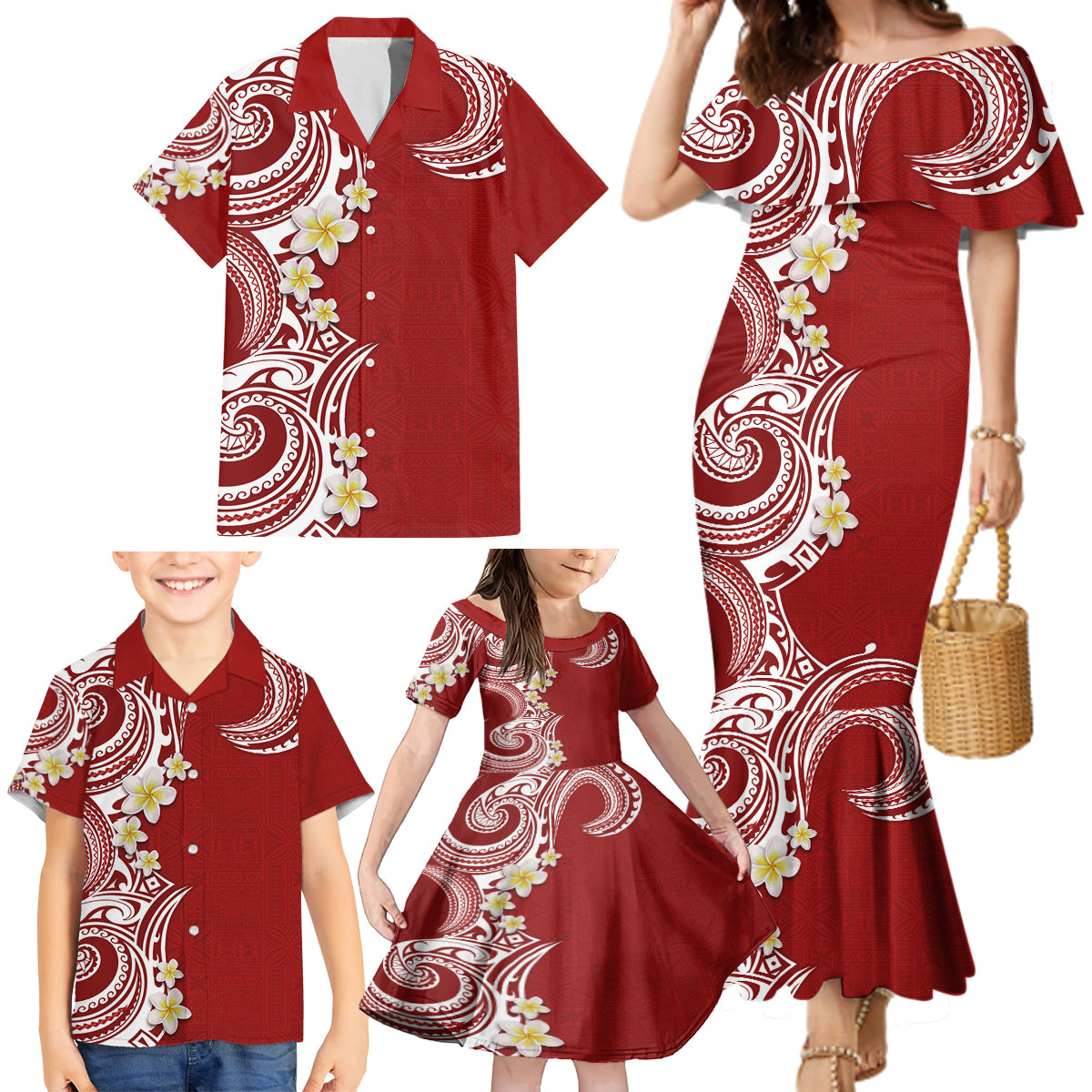 Aloha Polynesian Plumeria Flower Family Matching Mermaid Dress and Hawaiian Shirt Red Color