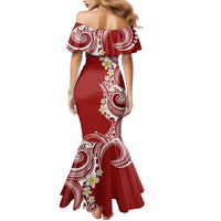 Aloha Polynesian Plumeria Flower Family Matching Mermaid Dress and Hawaiian Shirt Red Color