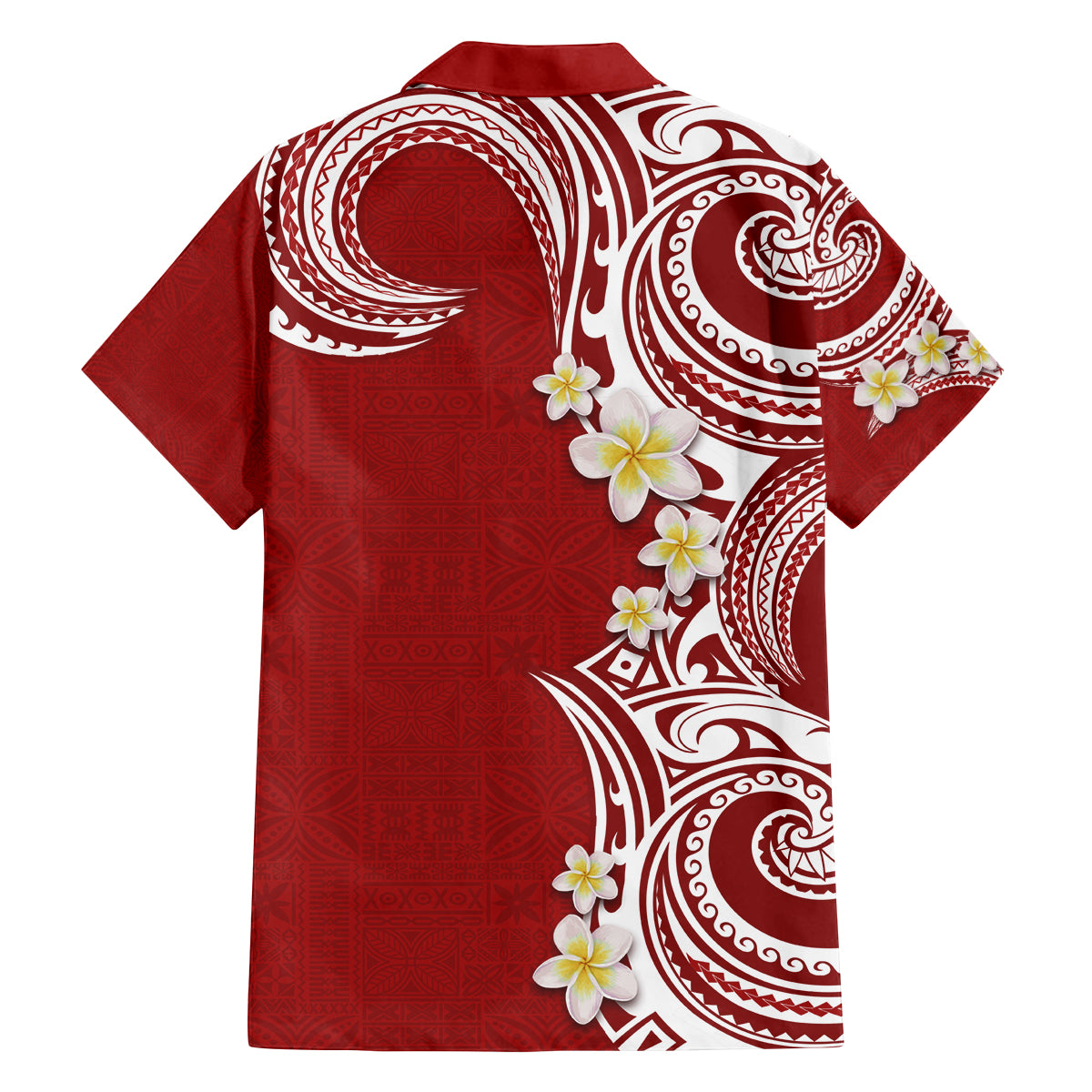 Aloha Polynesian Plumeria Flower Family Matching Off The Shoulder Long Sleeve Dress and Hawaiian Shirt Red Color