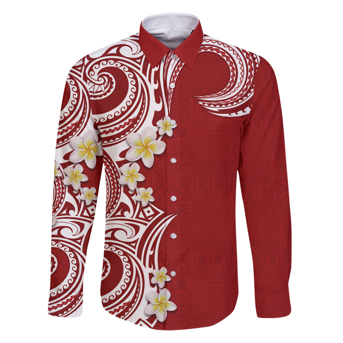 Aloha Polynesian Plumeria Flower Family Matching Off The Shoulder Long Sleeve Dress and Hawaiian Shirt Red Color