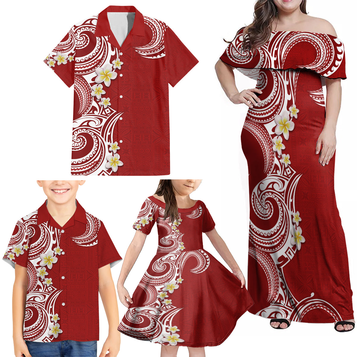 Aloha Polynesian Plumeria Flower Family Matching Off Shoulder Maxi Dress and Hawaiian Shirt Red Color