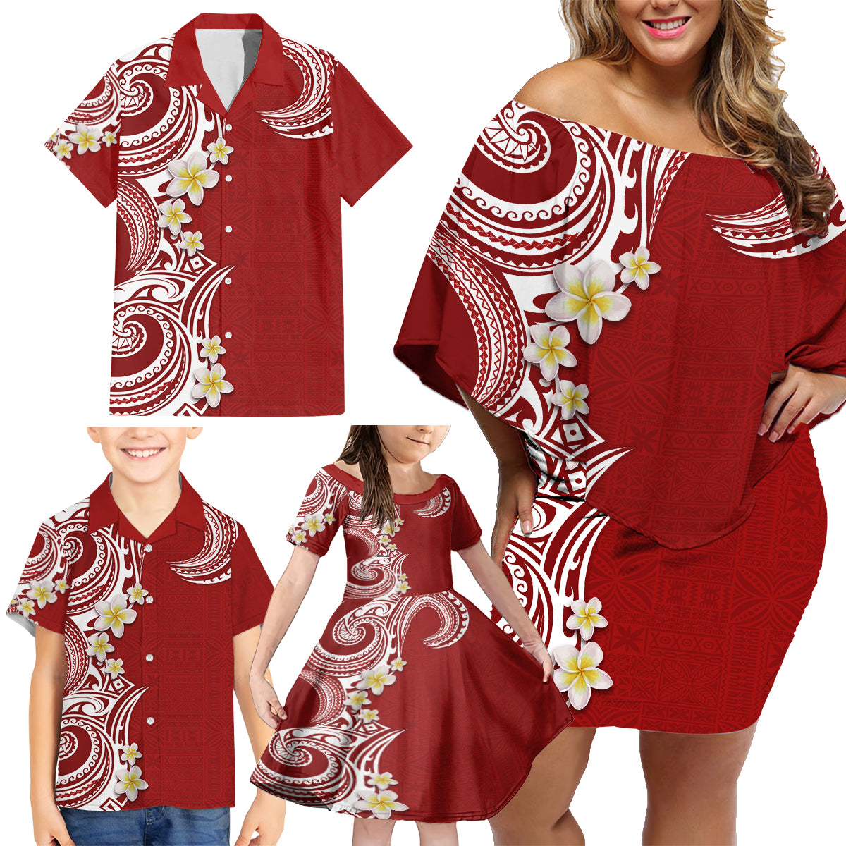 Aloha Polynesian Plumeria Flower Family Matching Off Shoulder Short Dress and Hawaiian Shirt Red Color