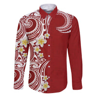 Aloha Polynesian Plumeria Flower Family Matching Puletasi and Hawaiian Shirt Red Color