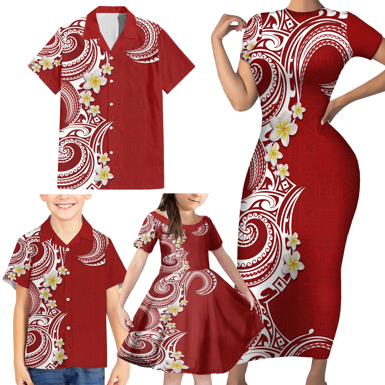 Aloha Polynesian Plumeria Flower Family Matching Short Sleeve Bodycon Dress and Hawaiian Shirt Red Color LT03 - Polynesian Pride