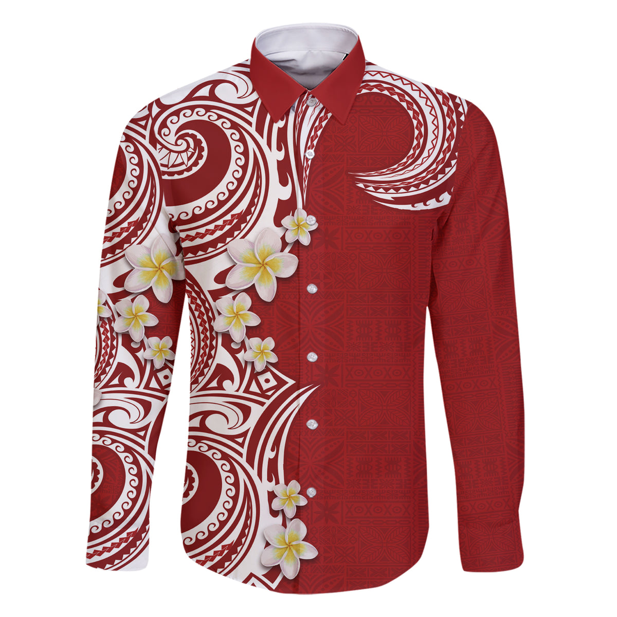 Aloha Polynesian Plumeria Flower Family Matching Short Sleeve Bodycon Dress and Hawaiian Shirt Red Color
