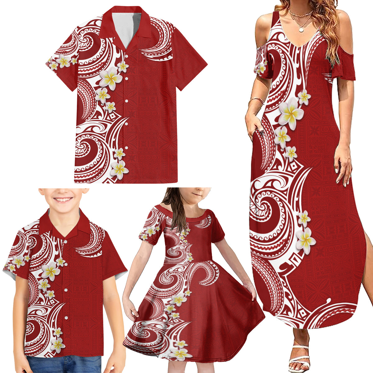 Aloha Polynesian Plumeria Flower Family Matching Summer Maxi Dress and Hawaiian Shirt Red Color LT03 - Polynesian Pride