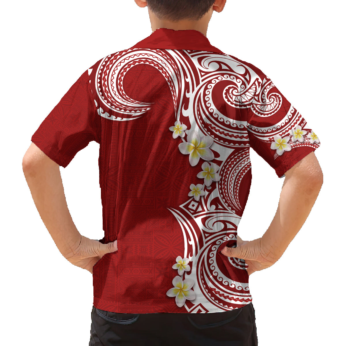 Aloha Polynesian Plumeria Flower Family Matching Tank Maxi Dress and Hawaiian Shirt Red Color