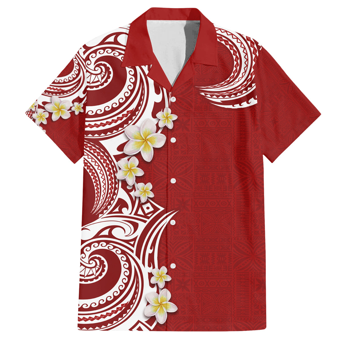 Aloha Polynesian Plumeria Flower Family Matching Tank Maxi Dress and Hawaiian Shirt Red Color
