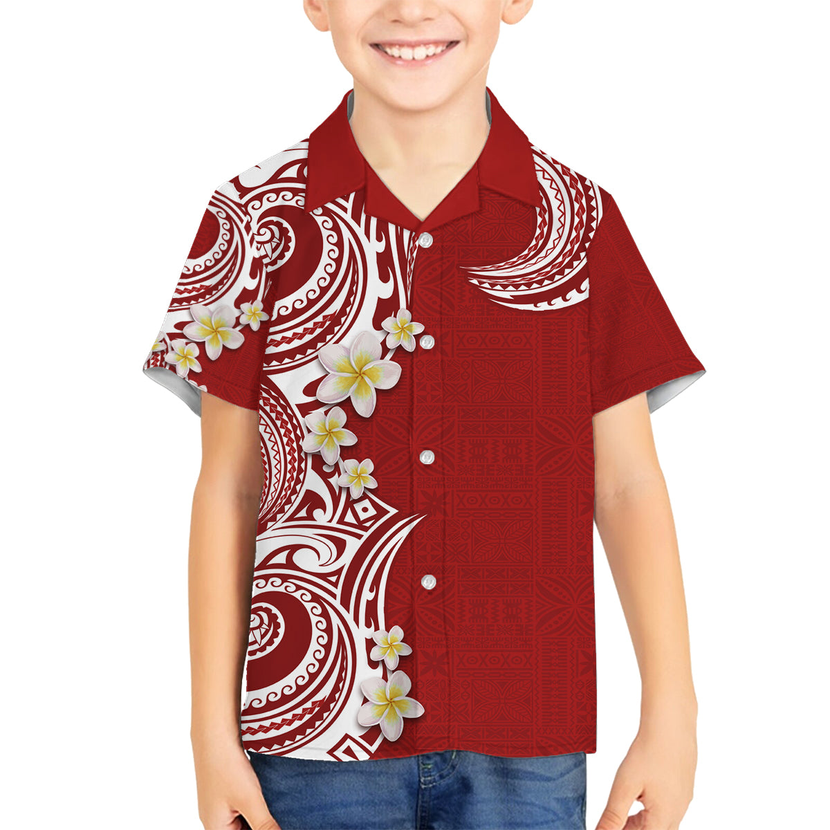 Aloha Polynesian Plumeria Flower Family Matching Tank Maxi Dress and Hawaiian Shirt Red Color
