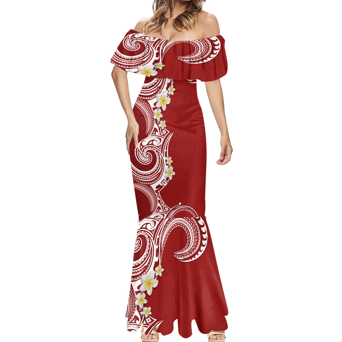 Aloha Polynesian Plumeria Flower Mermaid Dress Red Color