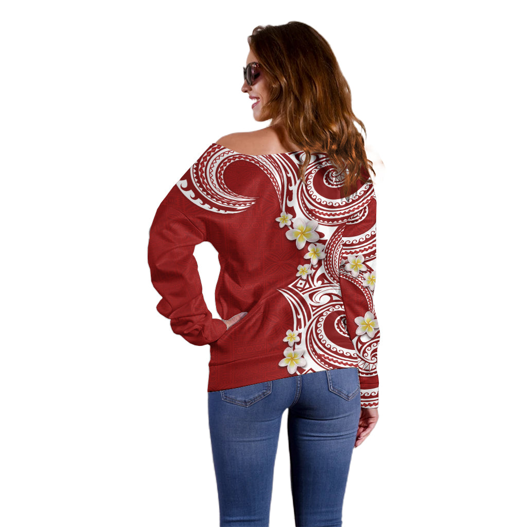 Aloha Polynesian Plumeria Flower Off Shoulder Sweater Red Color