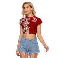 Aloha Polynesian Plumeria Flower Raglan Cropped T Shirt Red Color