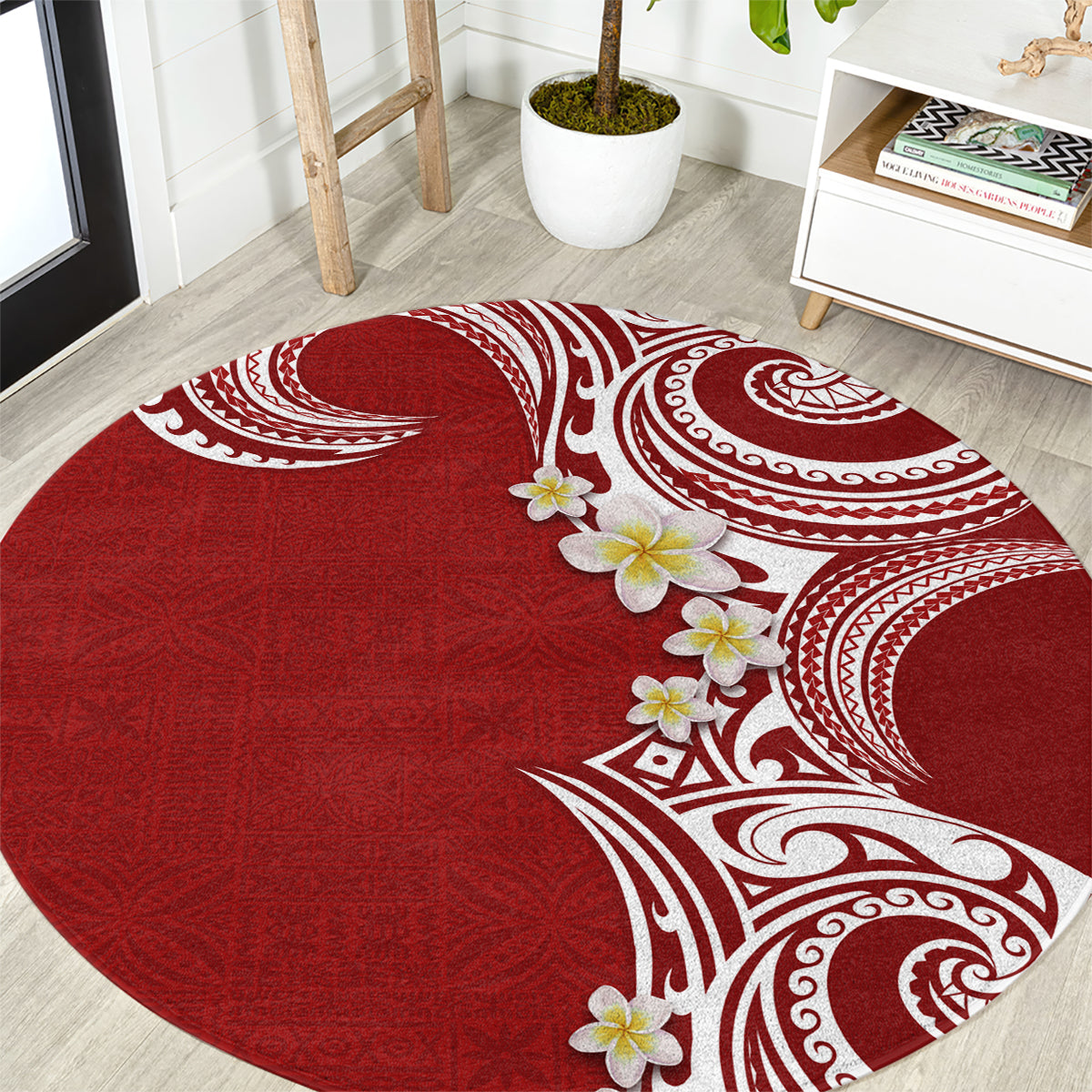 Aloha Polynesian Plumeria Flower Round Carpet Red Color