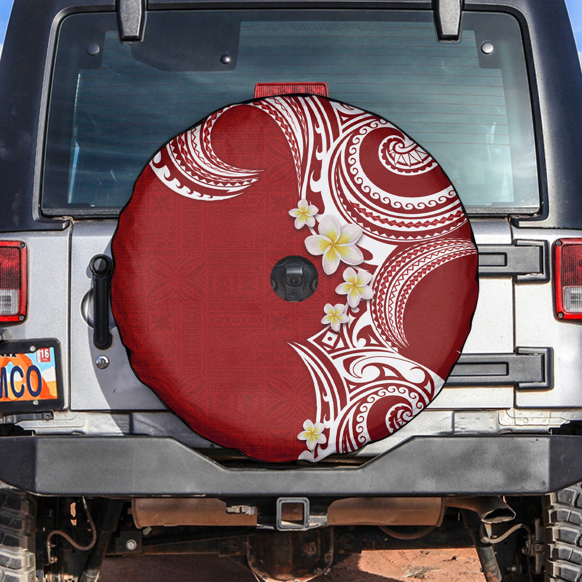 Aloha Polynesian Plumeria Flower Spare Tire Cover Red Color