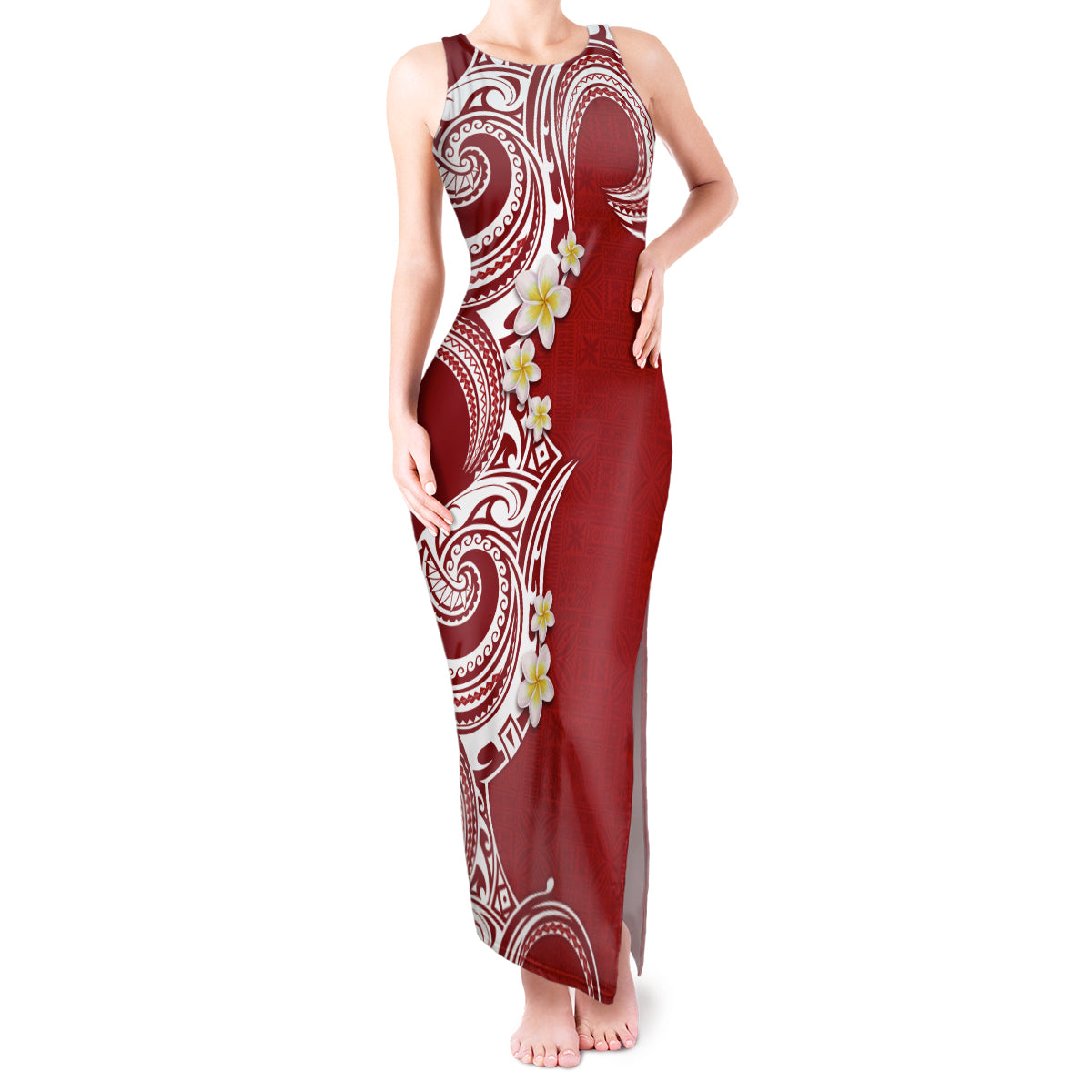 Aloha Polynesian Plumeria Flower Tank Maxi Dress Red Color