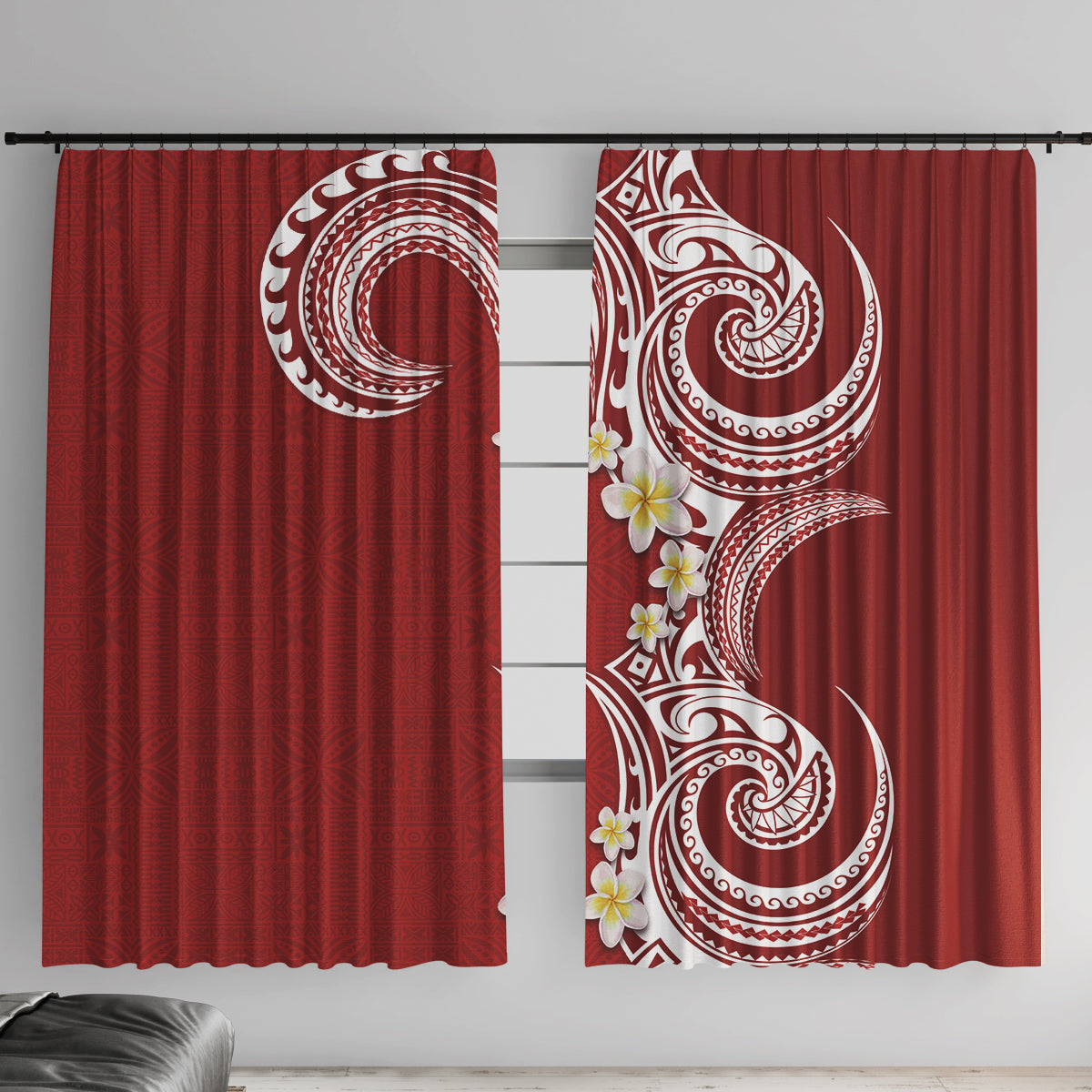 Aloha Polynesian Plumeria Flower Window Curtain Red Color